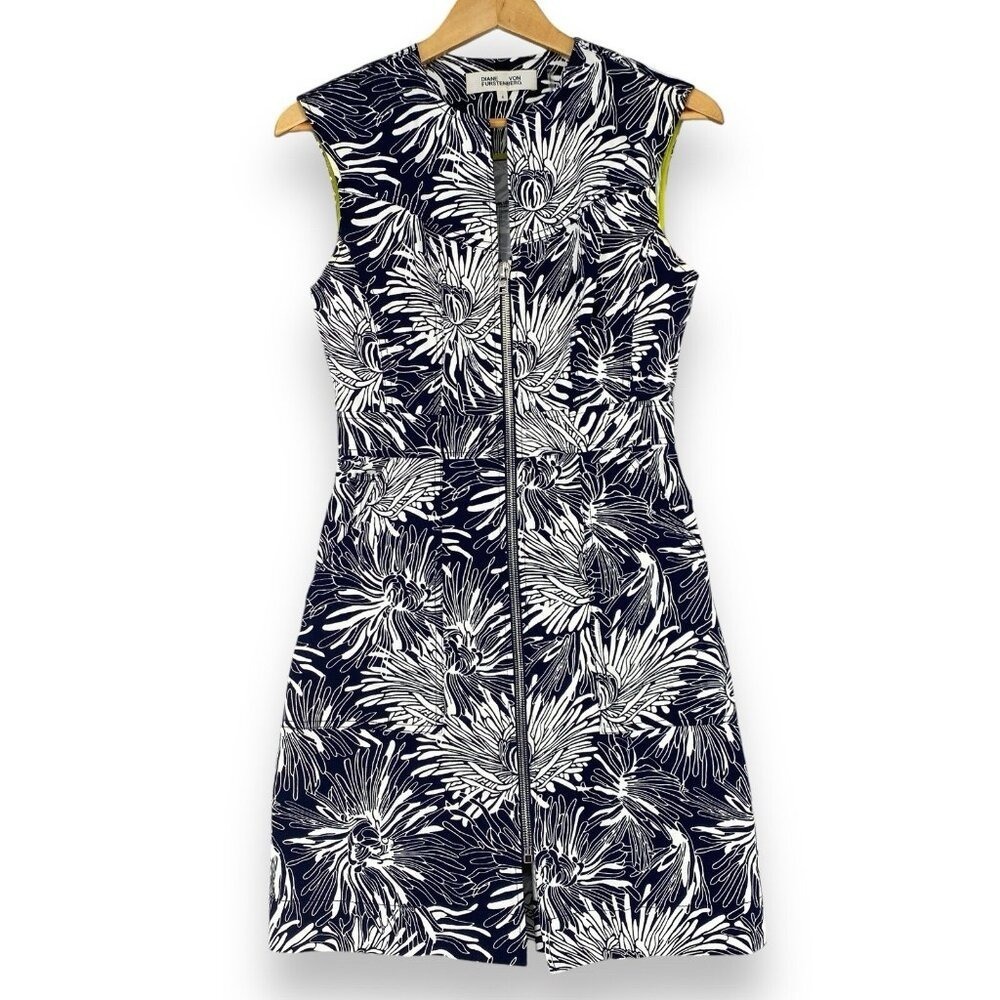Diane Von Furstenberg Floral Full Zip Mini Dress 4 Navy White Sleeveless Cotton